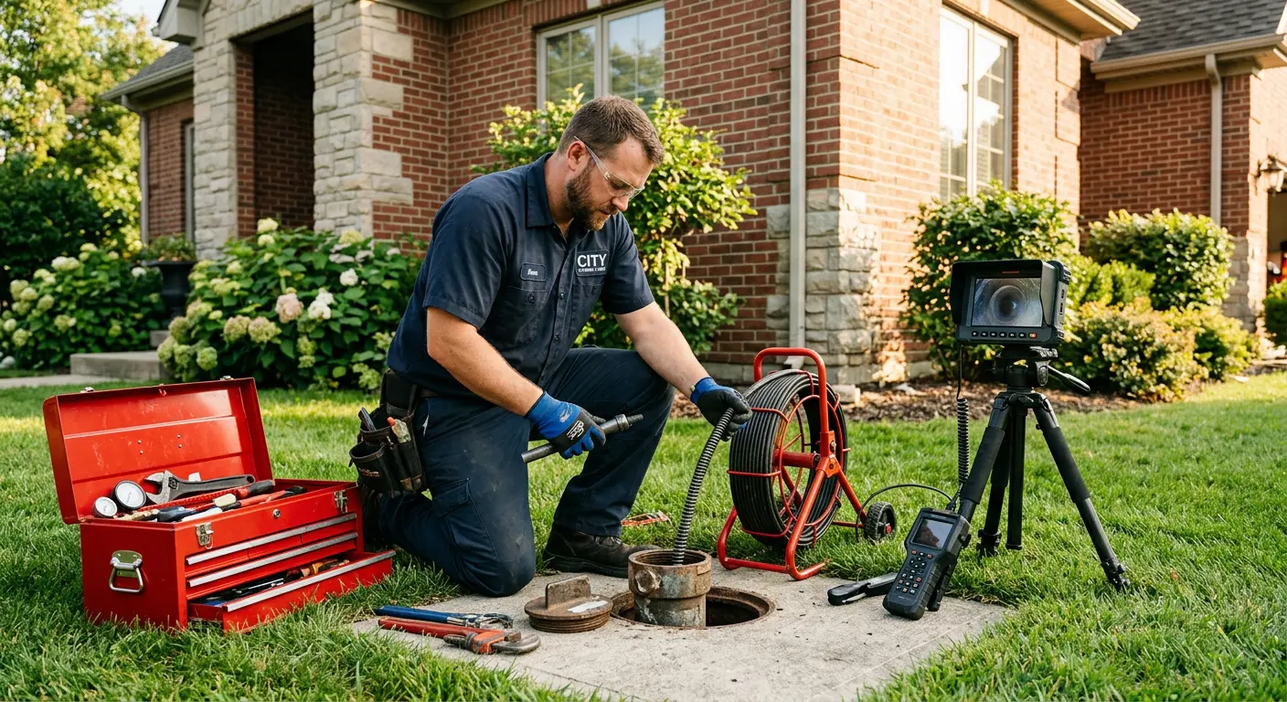 Sewer specialist with camera equipment servicing a cleanout in Alabaster