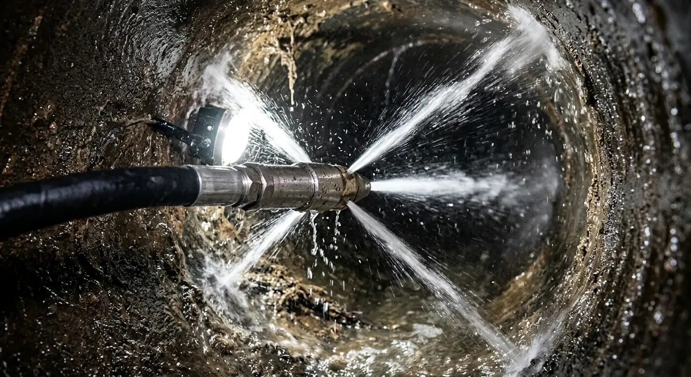 High-pressure hydro jetting nozzle cleaning sewer pipe for Sewer Cleanout in Alabaster