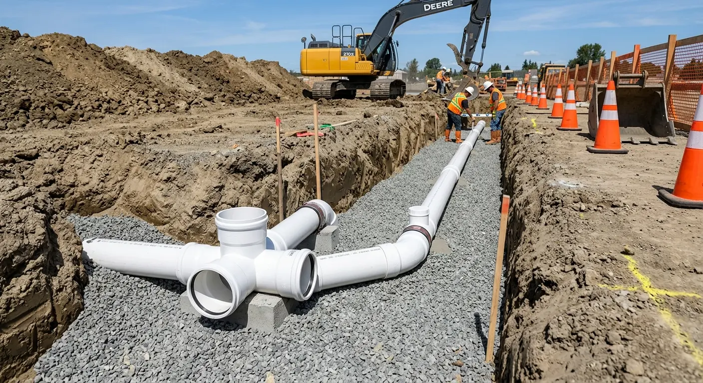 New PVC sewer pipe installation in open trench for Commercial Drain Cleaning in Alabaster