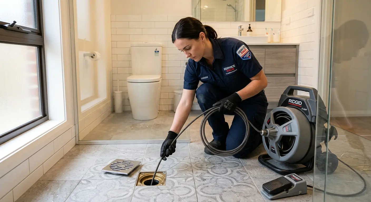 Technician clearing a bathroom floor drain for Hydro Jetting in Alabaster
